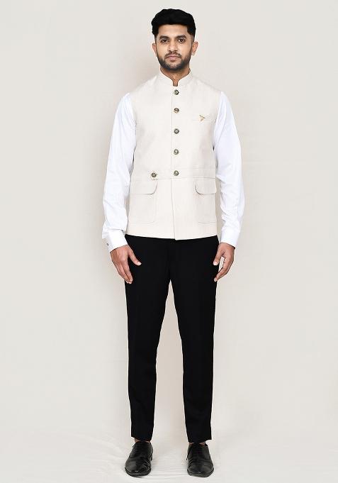 Cream Plain Cotton Nehru Jacket For Men — view on Indya