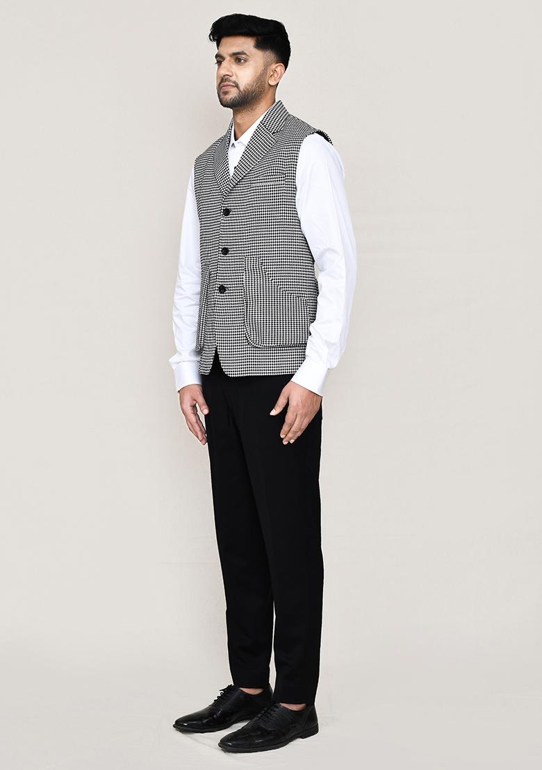 White And  Black Plain  Cotton Nehru Jacket  For Men