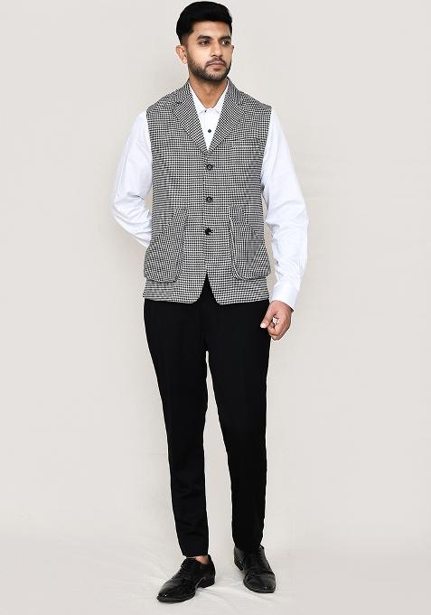 White And Black Plain Cotton Nehru Jacket For Men