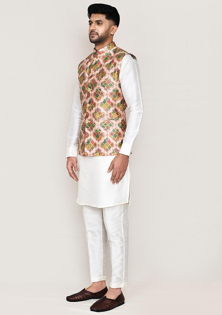 Multicolor Printed Art Silk Nehru Jacket  For Men