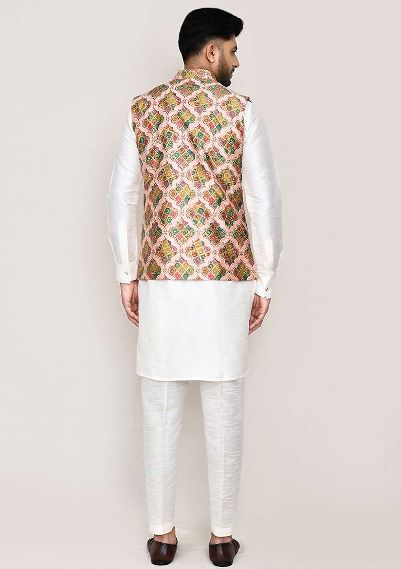 Multicolor Printed Art Silk Nehru Jacket  For Men - Indya
