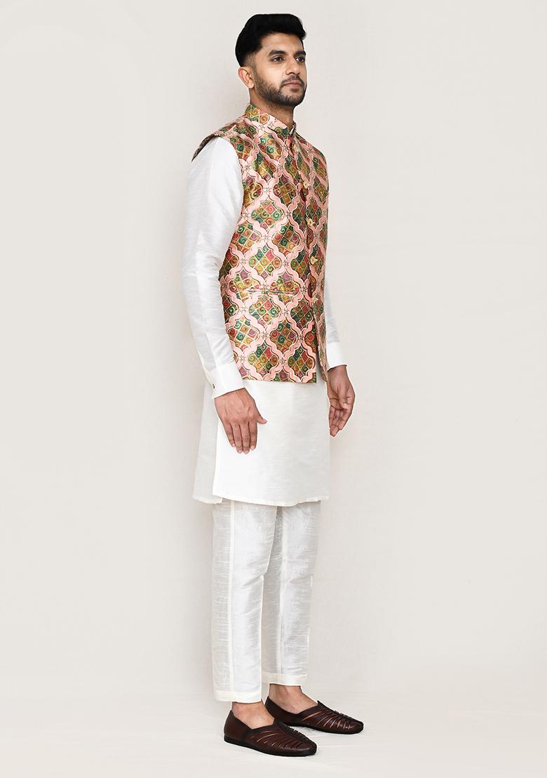 Multicolor Printed Art Silk Nehru Jacket  For Men