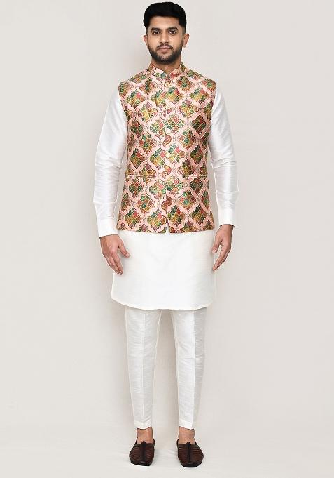 Multicolor Printed Art Silk Nehru Jacket For Men — view on Indya