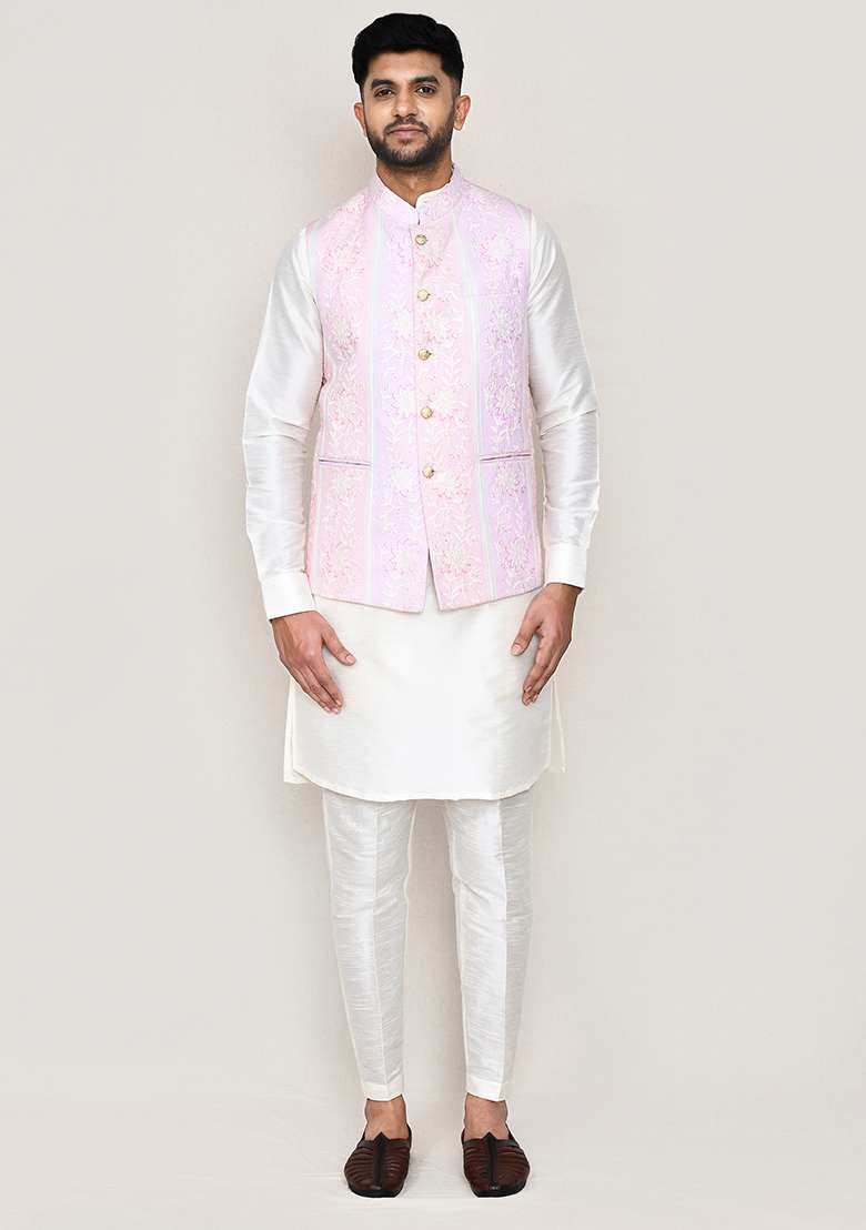 Pink Printed Jacquard Silk Nehru Jacket  For Men - Indya