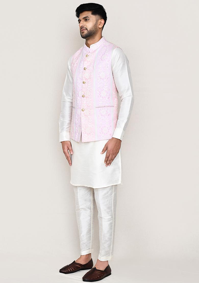 Pink Printed Jacquard Silk Nehru Jacket  For Men