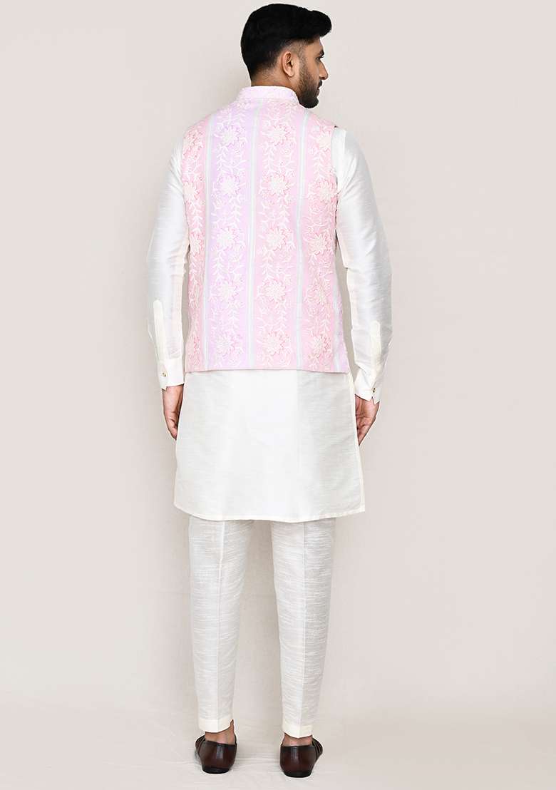 Pink Printed Jacquard Silk Nehru Jacket  For Men - Indya