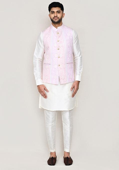 Pink Printed Jacquard Silk Nehru Jacket For Men — view on Indya