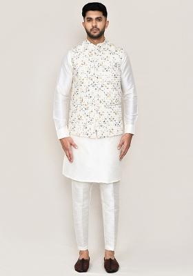 Cream Thread Work Cotton Nehru Jacket  For Men