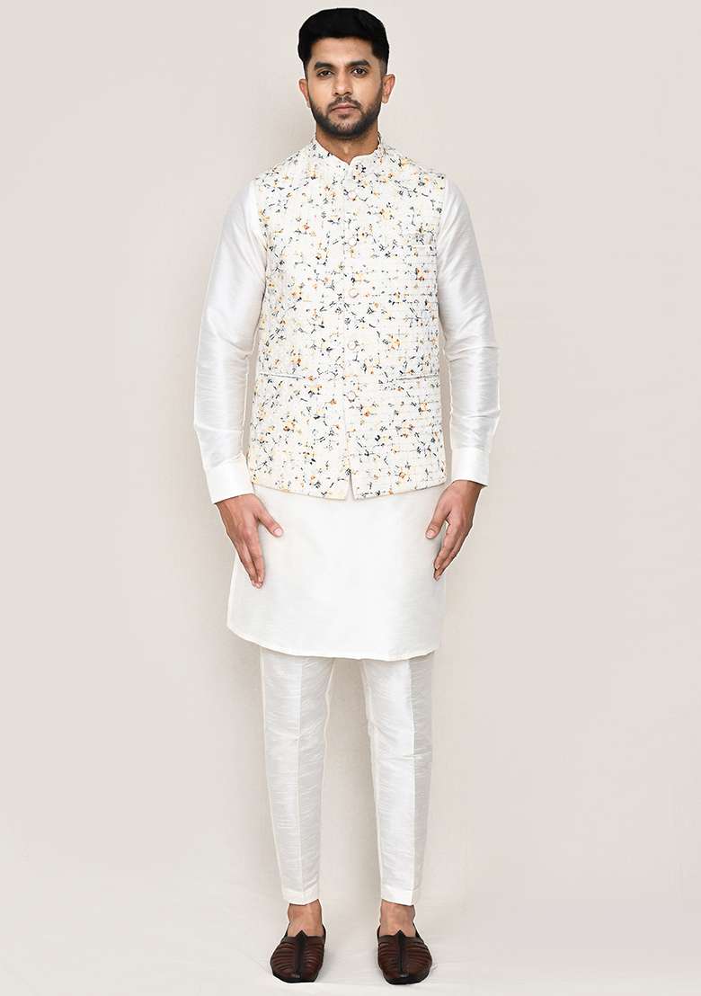 Cream Thread Work Cotton Nehru Jacket  For Men - Indya
