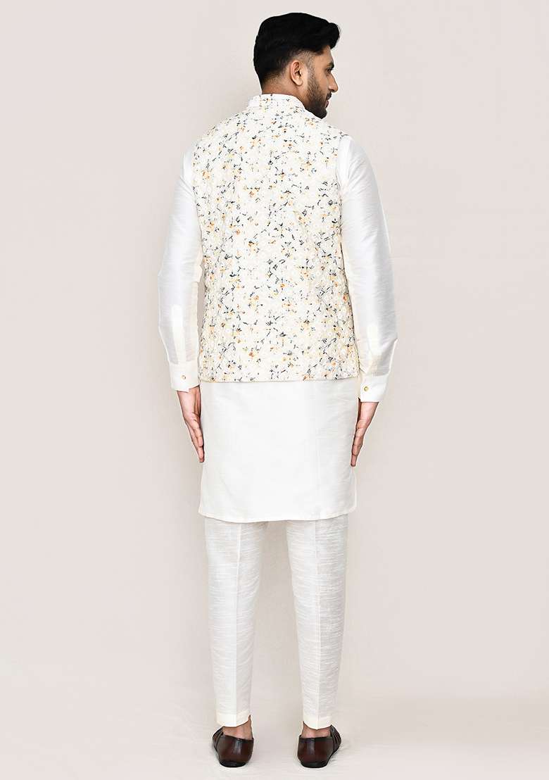 Cream Thread Work Cotton Nehru Jacket  For Men - Indya