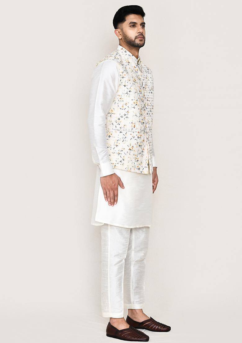 Cream Thread Work Cotton Nehru Jacket  For Men