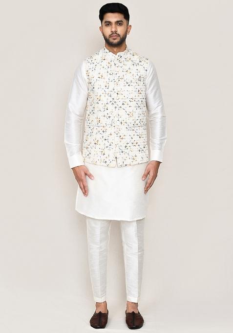 Cream Thread Work Cotton Nehru Jacket For Men — view on Indya