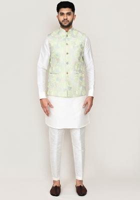 Pista Green Embroidered Art Silk Nehru Jacket  For Men