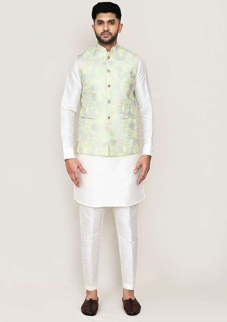 Pista Green Embroidered Art Silk Nehru Jacket  For Men - Indya