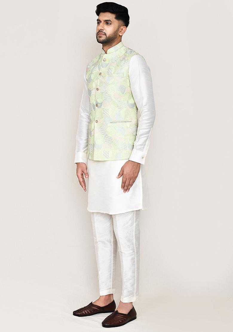 Pista Green Embroidered Art Silk Nehru Jacket  For Men