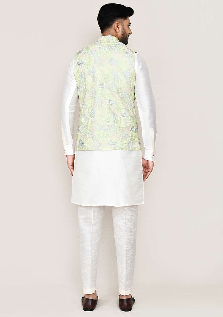 Pista Green Embroidered Art Silk Nehru Jacket  For Men - Indya