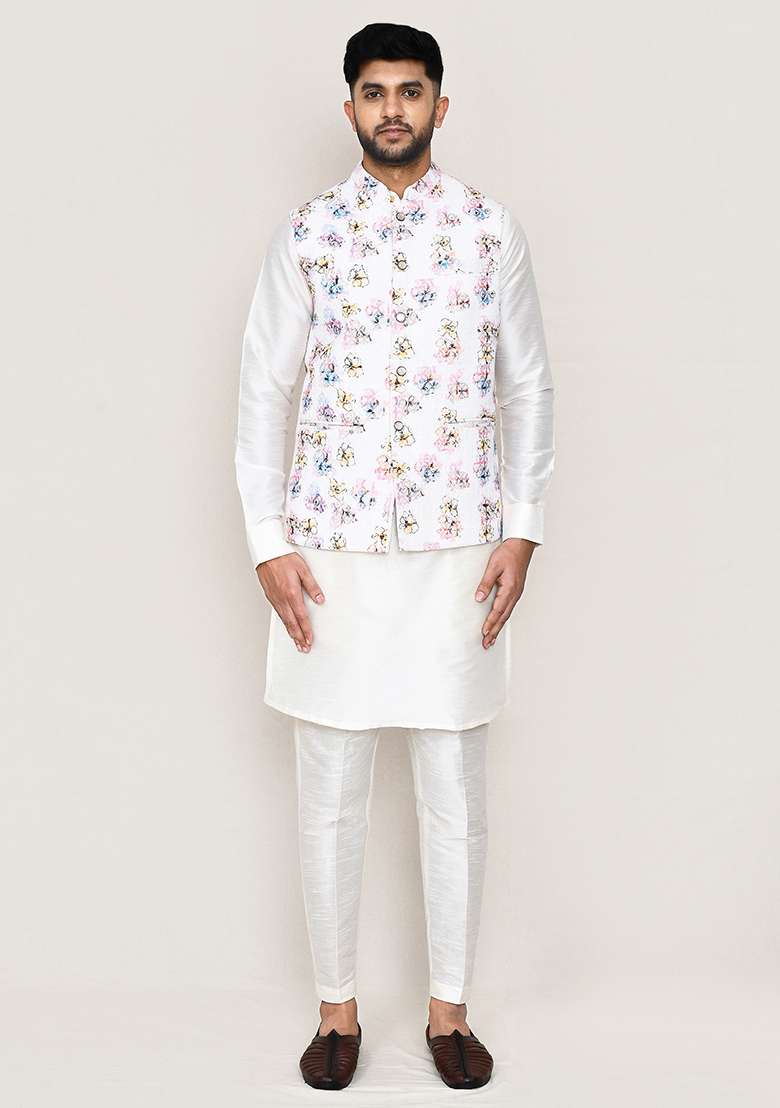 White Thread Work Cotton Nehru Jacket  For Men - Indya