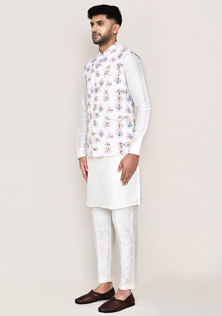White Thread Work Cotton Nehru Jacket  For Men