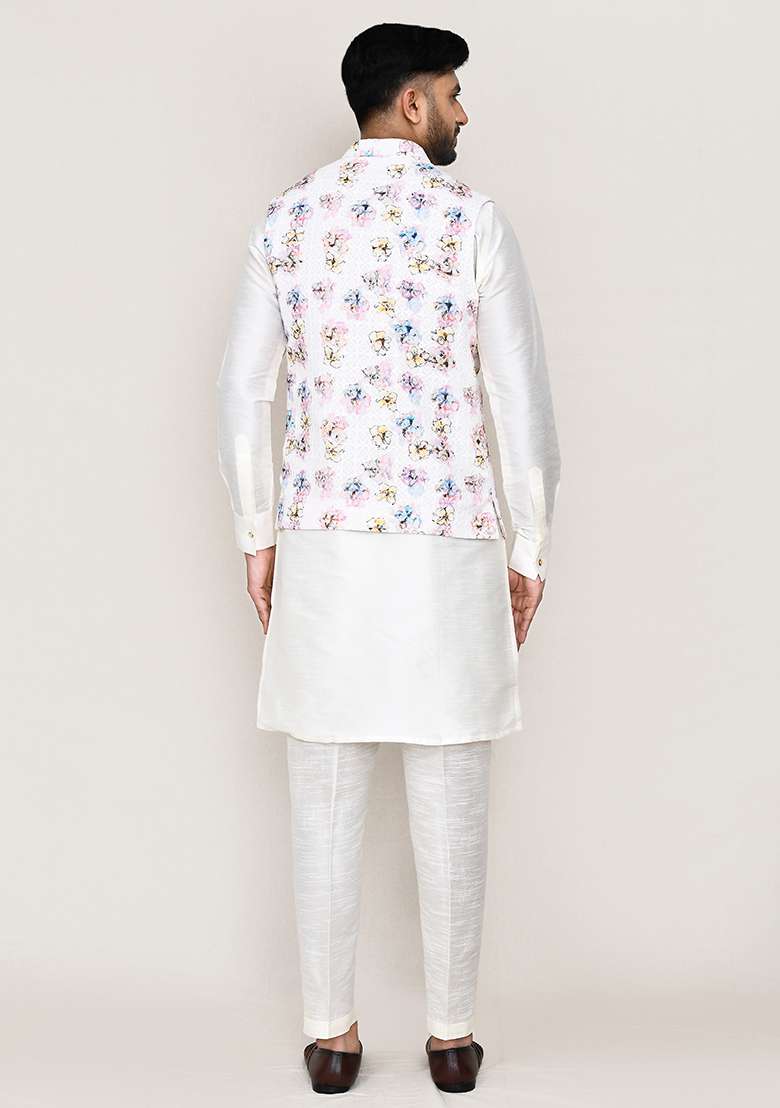 White Thread Work Cotton Nehru Jacket  For Men - Indya