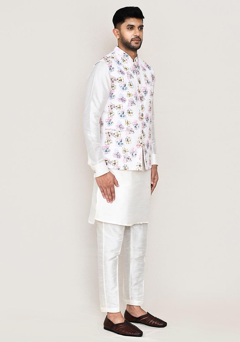 White Thread Work Cotton Nehru Jacket  For Men