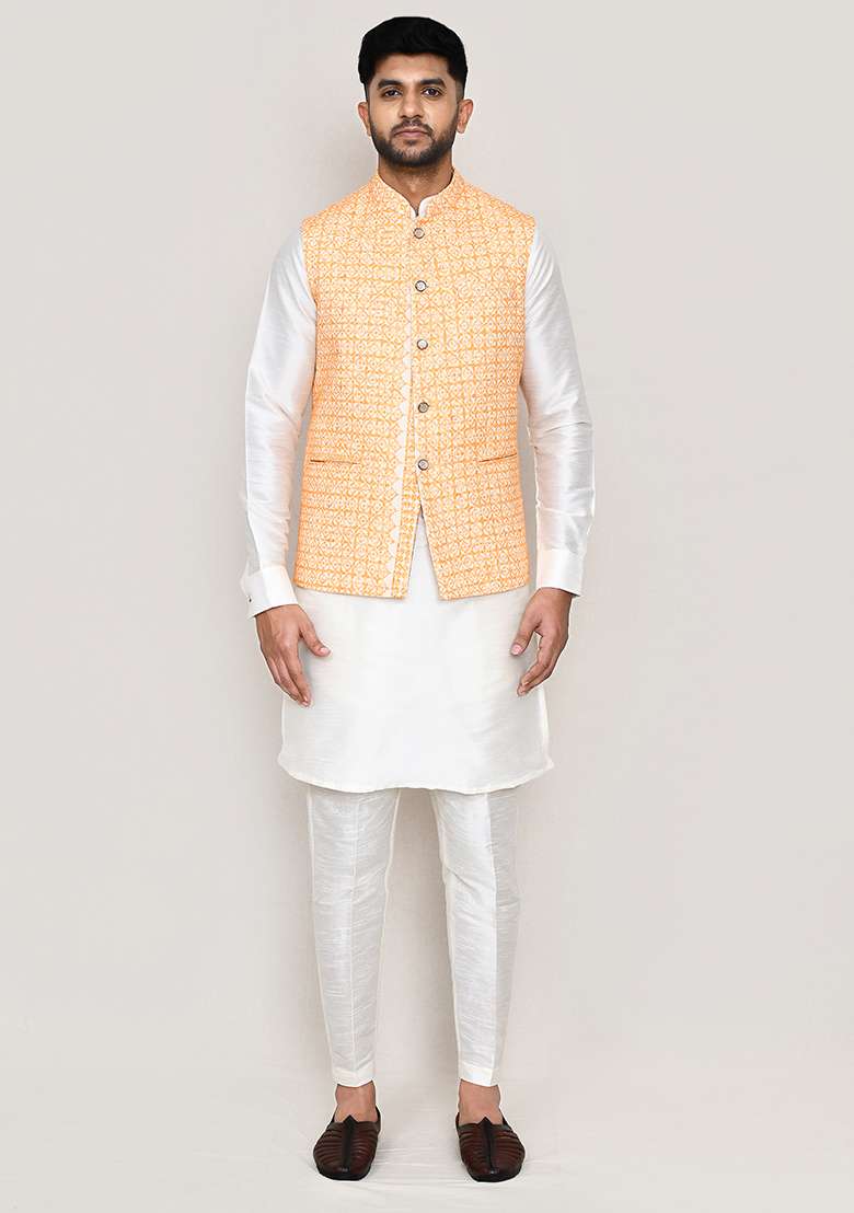 Orange Thread Work Cotton Nehru Jacket  For Men - Indya