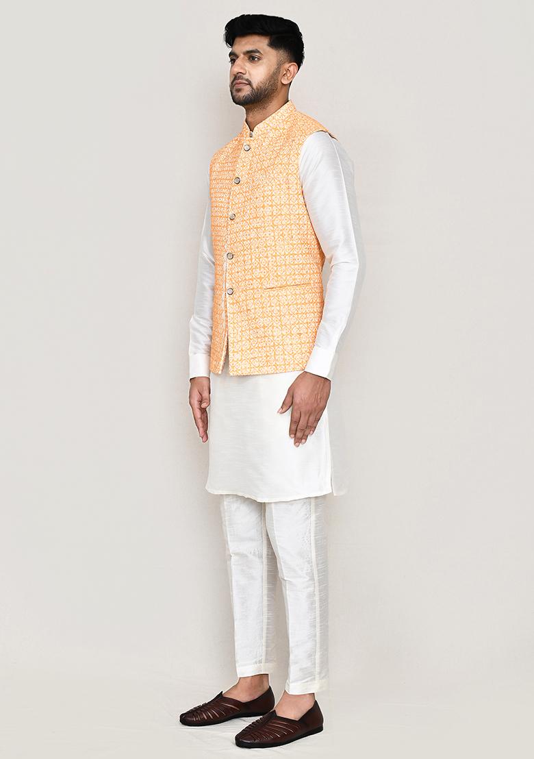 Orange Thread Work Cotton Nehru Jacket  For Men