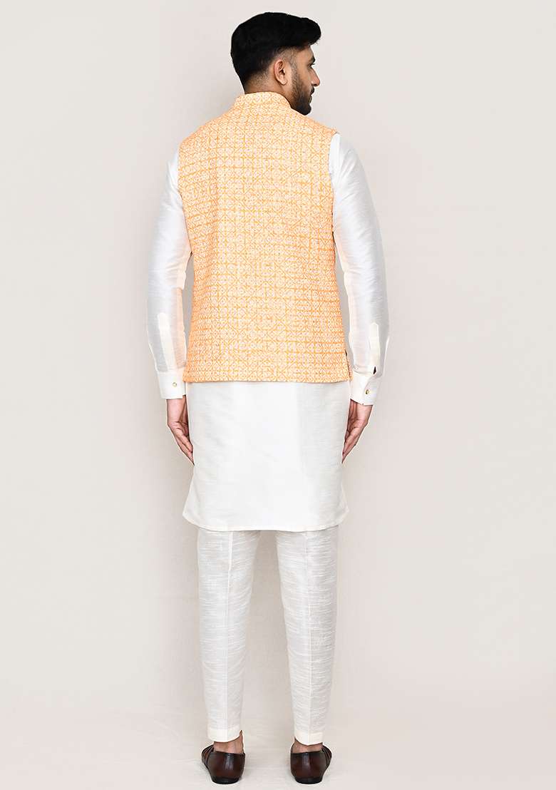 Orange Thread Work Cotton Nehru Jacket  For Men - Indya