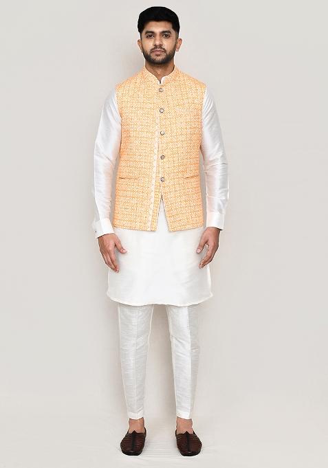 Orange Thread Work Cotton Nehru Jacket For Men — view on Indya