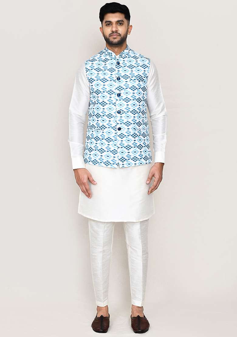 White  Printed Cotton Nehru Jacket  For Men - Indya