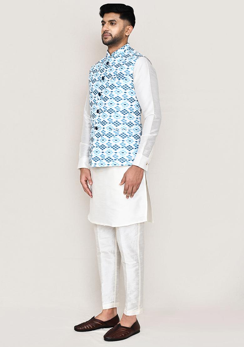 White  Printed Cotton Nehru Jacket  For Men