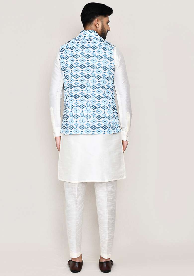 White  Printed Cotton Nehru Jacket  For Men - Indya