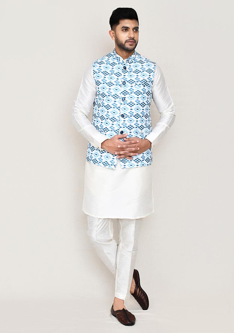 White  Printed Cotton Nehru Jacket  For Men