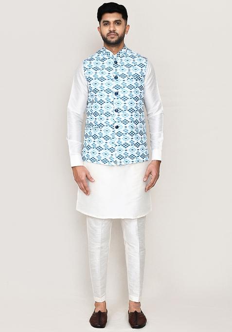 White Printed Cotton Nehru Jacket For Men — view on Indya