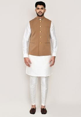 Chiku Brown Embroidered Rayon Nehru Jacket  For Men