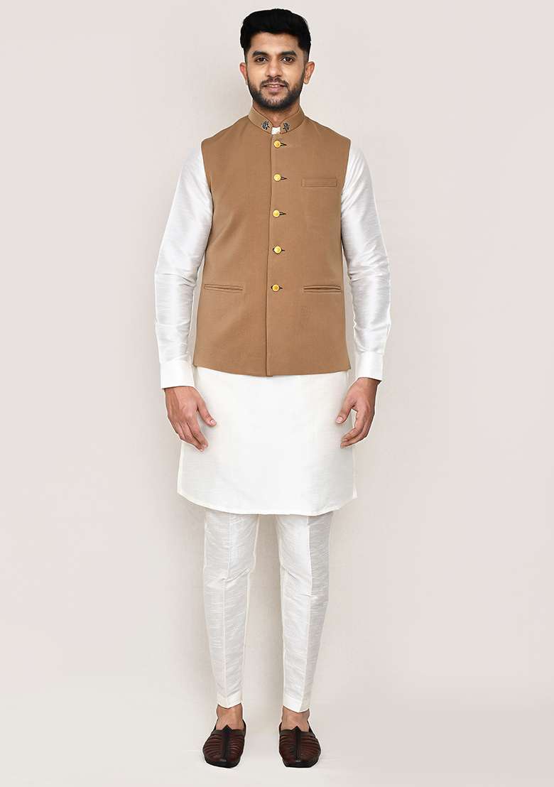 Chiku Brown Embroidered Rayon Nehru Jacket  For Men - Indya