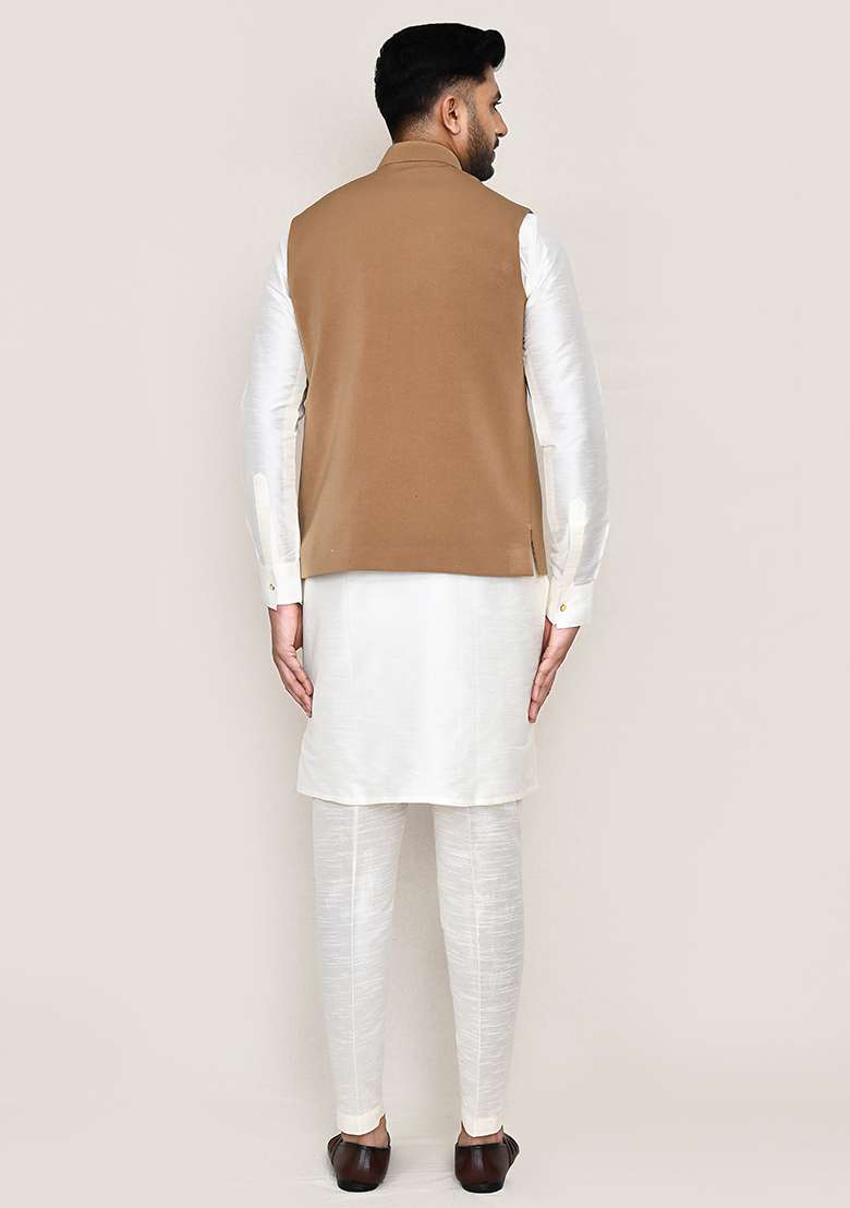 Chiku Brown Embroidered Rayon Nehru Jacket  For Men - Indya