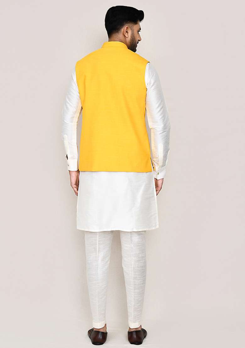 Yellow Thread Work Art Silk Nehru Jacket  For Men - Indya