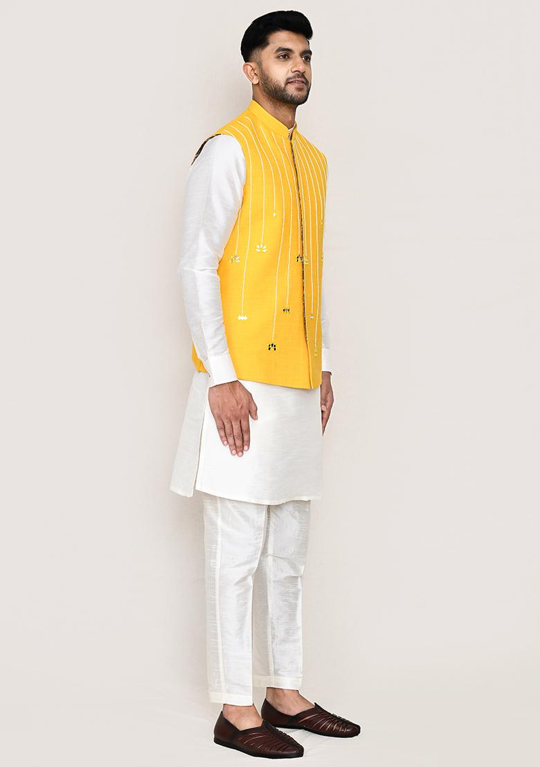 Yellow Thread Work Art Silk Nehru Jacket  For Men