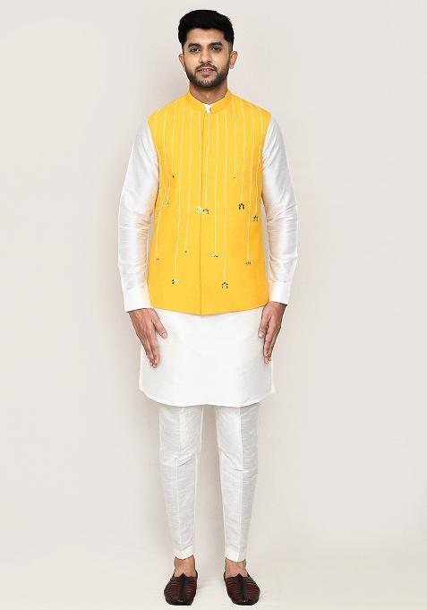 Yellow Thread Work Art Silk Nehru Jacket For Men — view on Indya