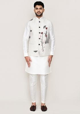 Off White Butterfly Work Cotton Nehru Jacket  For Men