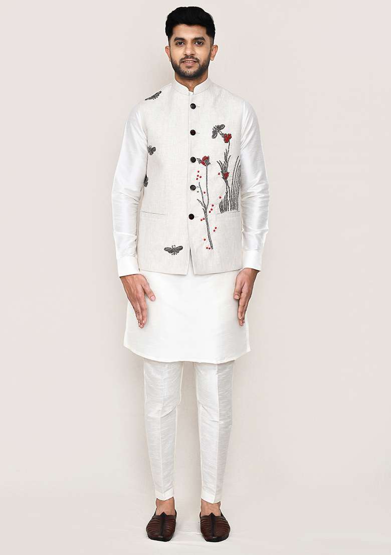 Off White Butterfly Work Cotton Nehru Jacket  For Men - Indya