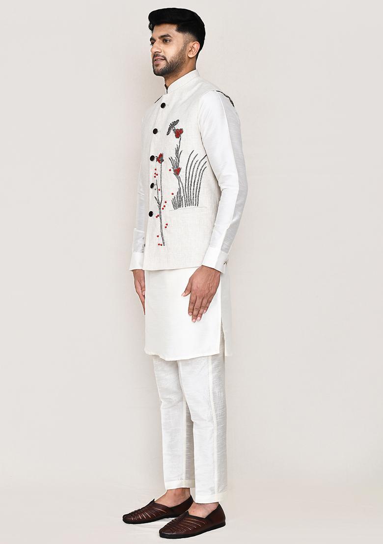Off White Butterfly Work Cotton Nehru Jacket  For Men