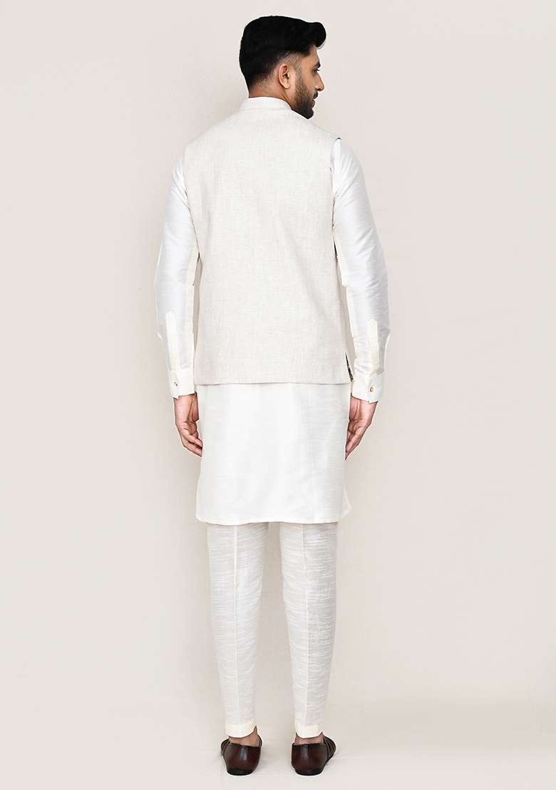Off White Butterfly Work Cotton Nehru Jacket  For Men - Indya
