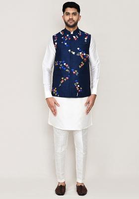 Blue Thread Work Cotton Nehru Jacket  For Men
