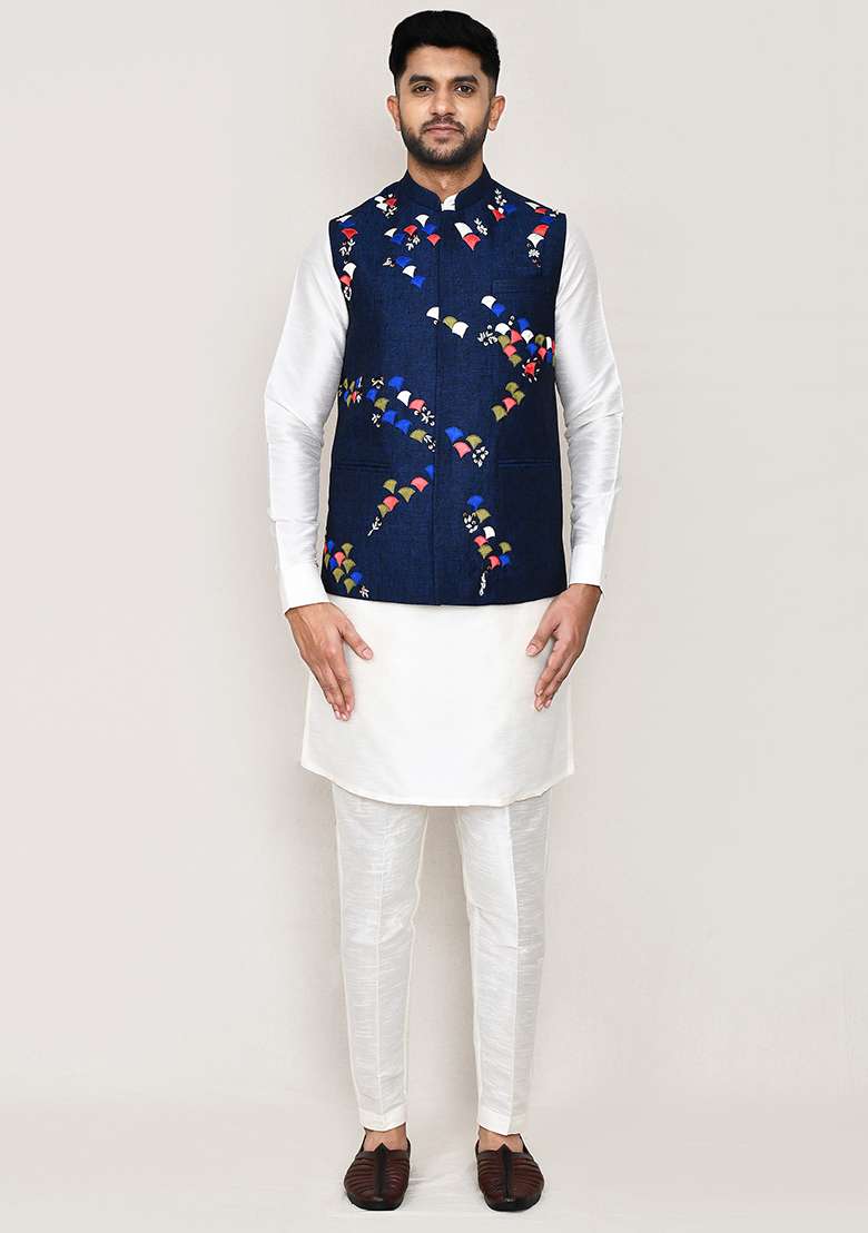 Blue Thread Work Cotton Nehru Jacket  For Men - Indya