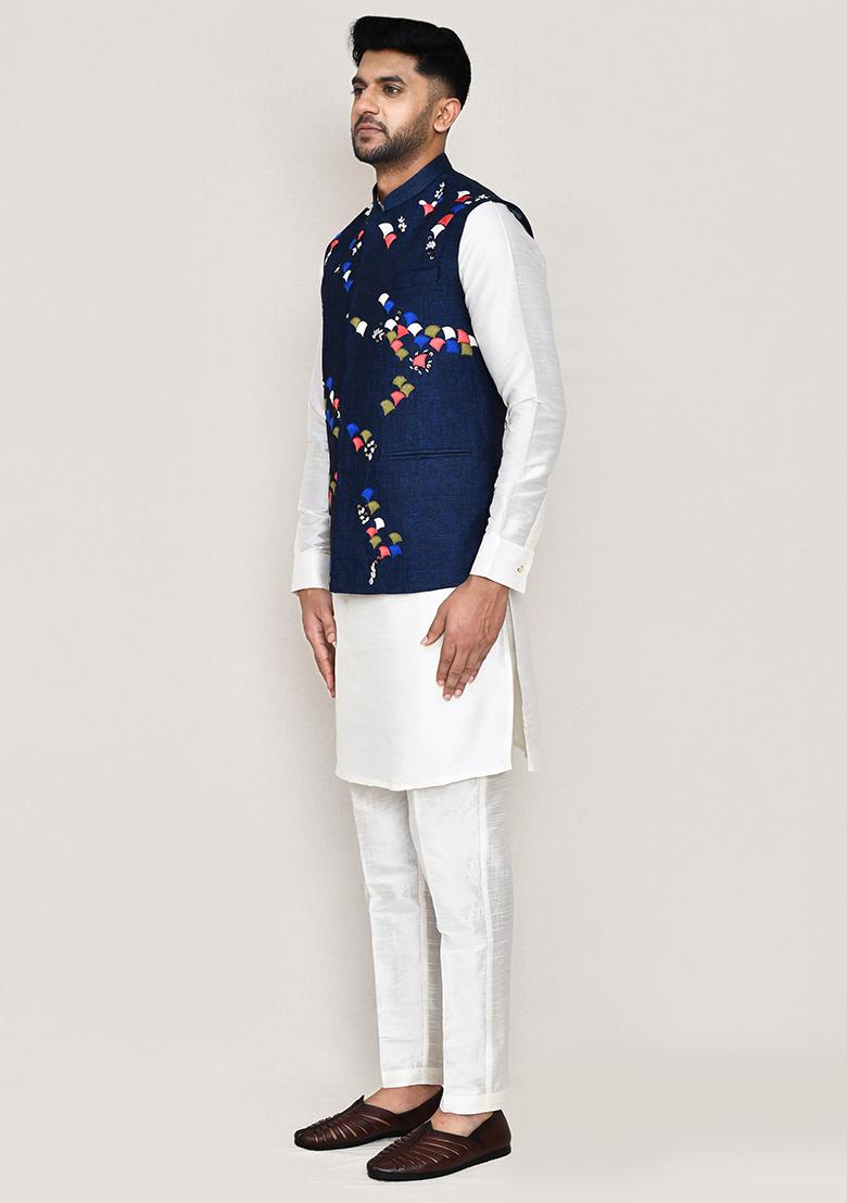 Blue Thread Work Cotton Nehru Jacket  For Men