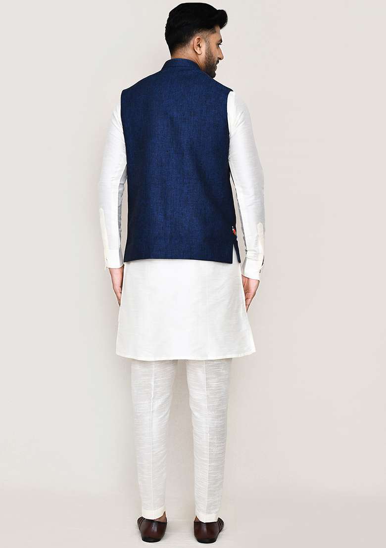 Blue Thread Work Cotton Nehru Jacket  For Men - Indya