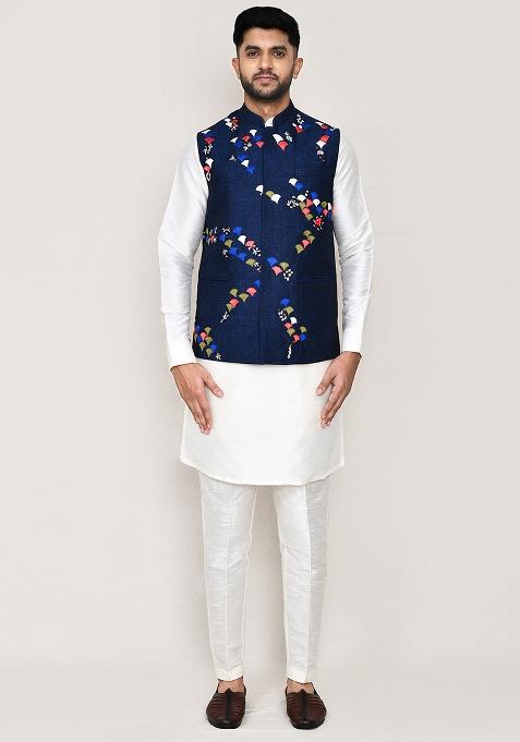 Blue Thread Work Cotton Nehru Jacket For Men — view on Indya