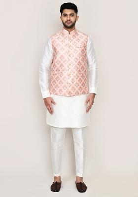 Peach Seqqunce Work Art Silk Nehru Jacket  For Men