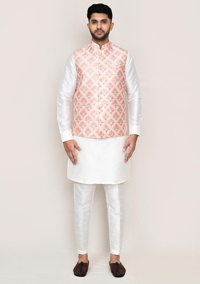 Peach Seqqunce Work Art Silk Nehru Jacket For Men